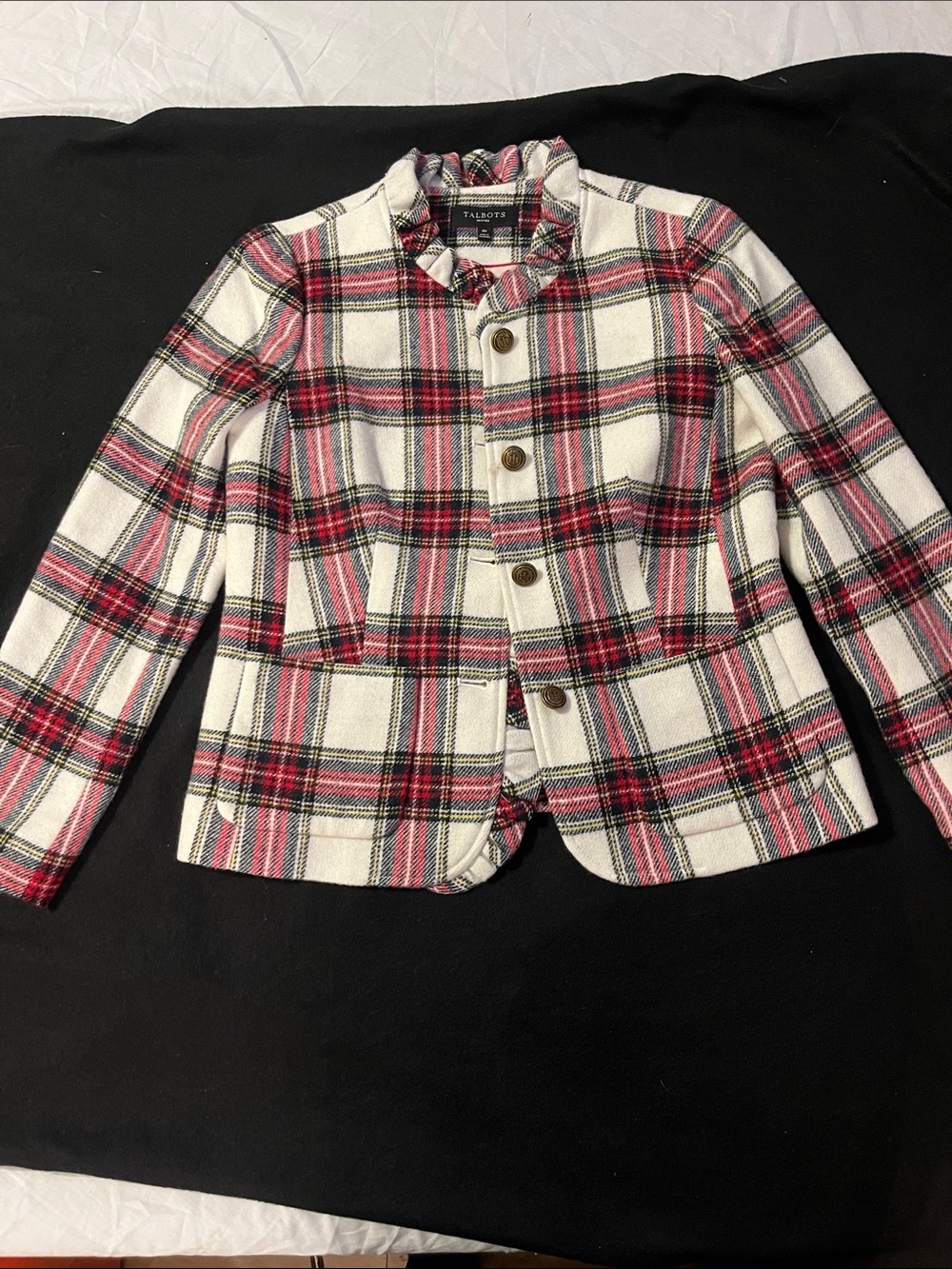 Talbots White Pink and Black Plaid Girls' Button-Front Blazer